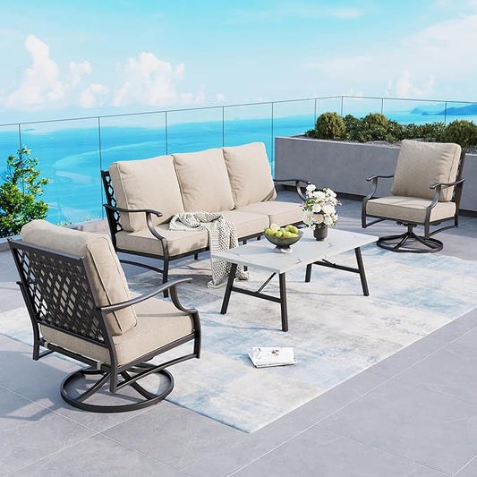Patio Furniture Set, 4 Piece Modern Metal Outdoor Patio Furniture, 3 Seater Couch, 2 swivel Chairs, Coffee Table and 5.75" Extra Thick Cushion, Patio Conversation Set for Backyard Deck