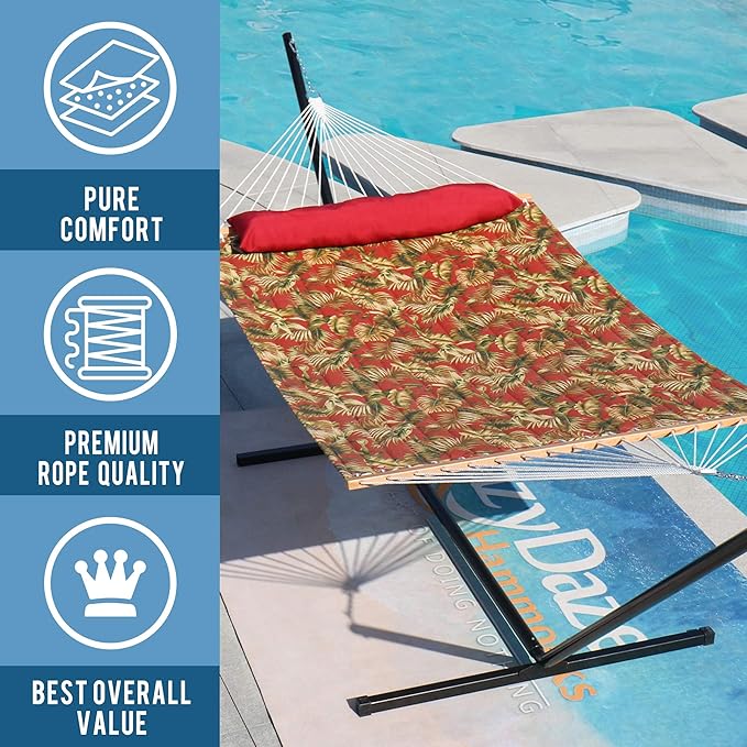 Lazy Daze Quilted Fabric Hammock with Spreader Bar, 2-Person Double Hammock for Outside Patio Poolside Backyard Beach, 450 lbs Capacity, Red Leaf