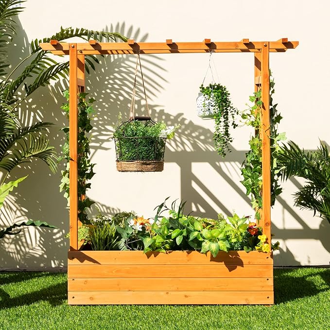 S AFSTAR Raised Garden Bed with Arch Trellis, Wood Planter Box with Hanging Roof, Side Trellis, 4 Drainage Holes, Above Ground Elevated Garden Bed for Outdoor Climbing Plants Vines Patio