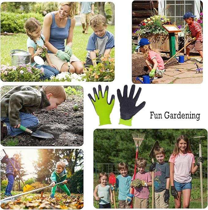 HANDLANDY 3 Pairs Kids Gardening Gloves Latex Free, Nitrile Coated Children Toddler Garden Yard Work Gloves for Little Girls Boys (Size M, Black-Green)