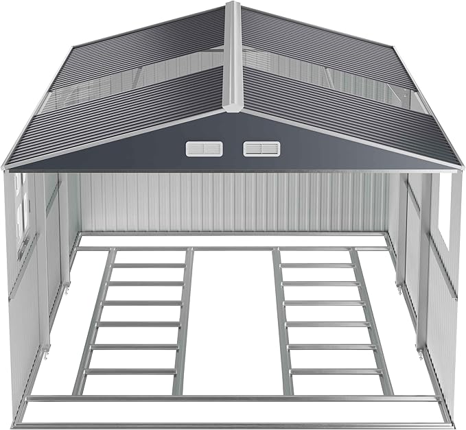 Large Metal Shed 10x16 FT with Floor Fame Kit, with Customizable Skylight and Reinforced Steel Frame, Heavy-Duty Galvanized Steel Big Garden Sheds with Base, Lockable Doors,4 Pane Windows,