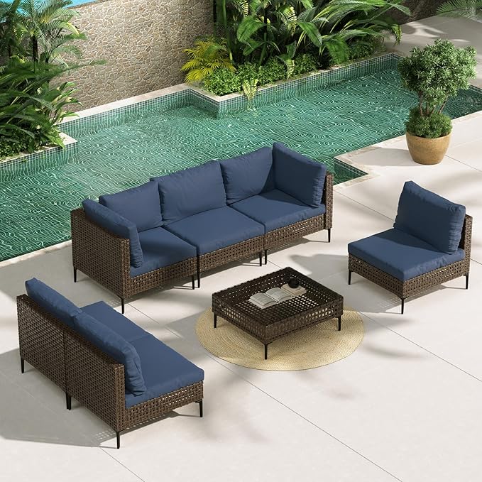 Grand patio 7-Piece Wicker Patio Furniture Set, Retro Outdoor Conversation Set Sectional Sofa with Water Resistant Blue Thick Cushions and Coffee Table, Brown