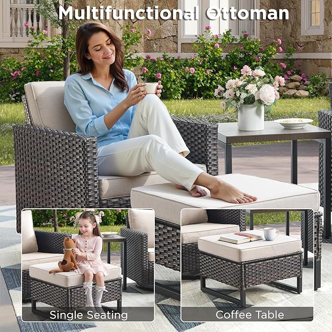 6 Pieces Patio Furniture Set-All Weather Outdoor Swivel Rocker Patio Chairs with 3-Seat Section Couch and Rattan Coffee Table Outdoor Conversation Sets for Garden Backyard Deck(Brown/Beige)