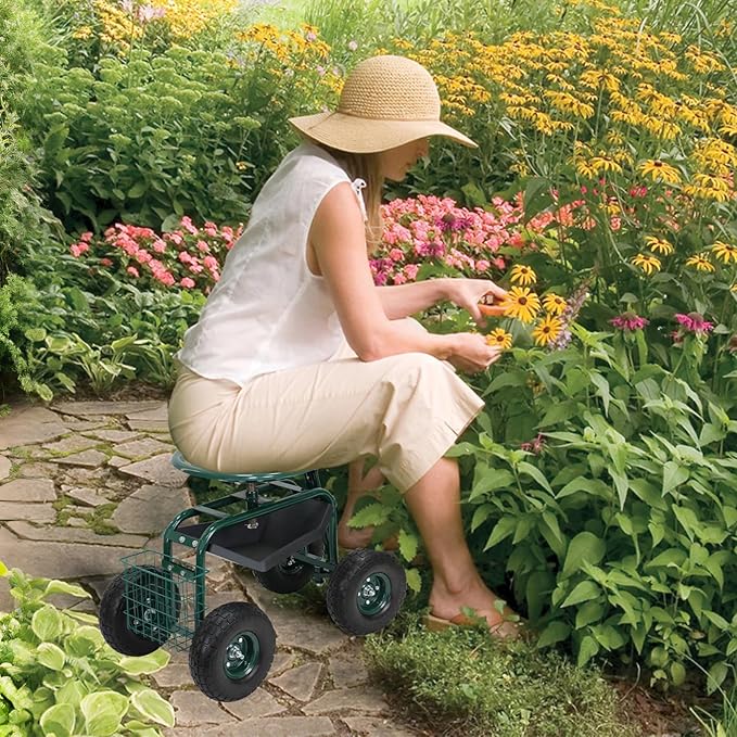BESTHLS Garden Cart with Seat on Wheels Rolling Gardening Stool with Wheels Heavy Duty for Planting with 360 Degree Swivel Seat Steering Handle & Utility Tool Tray