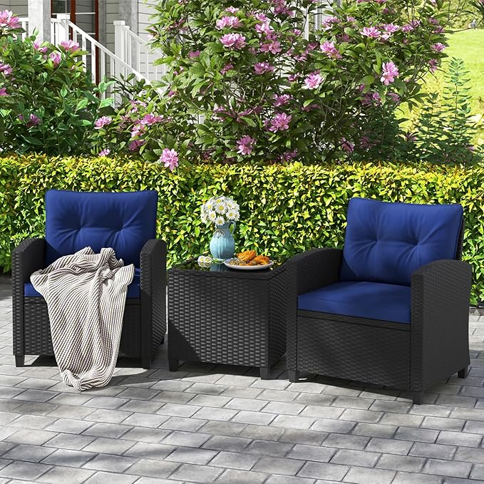 HAPPYGRILL 3 Pieces Wicker Patio Conversation Set, PE Rattan Bistro Sofa Set with Tempered Glass Coffee Table, Washable Cushions, Outdoor Furniture Set for Garden Poolside Balcony (Navy)