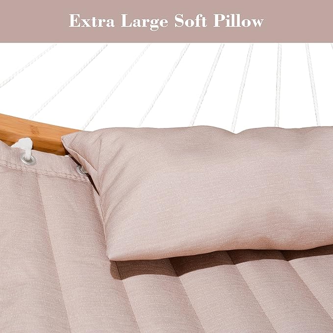 SUNCREAT 13.8 FT Hammocks Quilted Fabric Double Hammock with Detachable Curved Bamboo Spreader Bar and Soft Pillow, Max 450 lbs Capacity, Tan