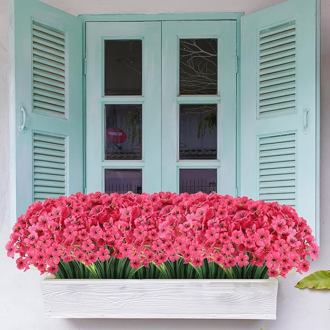 22 Bunches of Outdoor Artificial Flowers, UV Resistant Fake Flowers Artificial Silk Flowers with Plastic Plants for Indoor Outdoor Front Porch Hanging Planter Decoration (22, Rose Red)