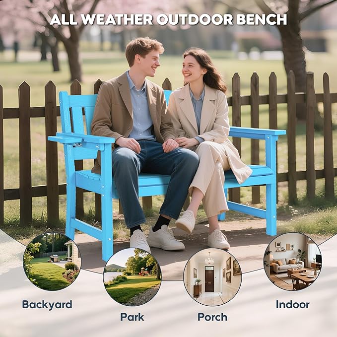 2-Person HIPS Outdoor Bench, Weatherproof Garden Bench with 800 lbs Weight Capacity, Artificial Wood Grains, Never Rot or Fade, Patio Benches for Garden, Porch, Balcony, Backyard,Park, Blue