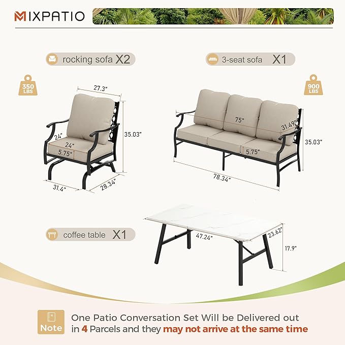 Patio Furniture Set 4 pcs, Outdoor Patio Furniture, 3-Seat Sofa, 2 Rocking Chairs, Metal Coffee Table and 5.75" Extra Thick Cushion, Patio Conversation Set for Garden Backyard Deck,Beige