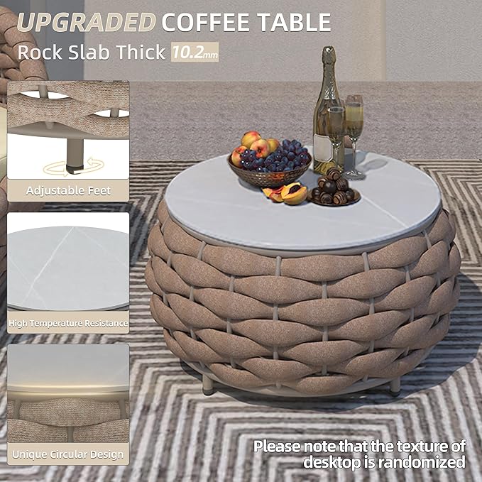 TWT 3 Pieces Aluminum Patio Furniture Set Quick Drying Textilene Rope Outdoor Sofa Set w/Washable Cushion and Rock Slab Tabletop, Conversation Furniture for Livingroom Poolside Balcony (Khaki)