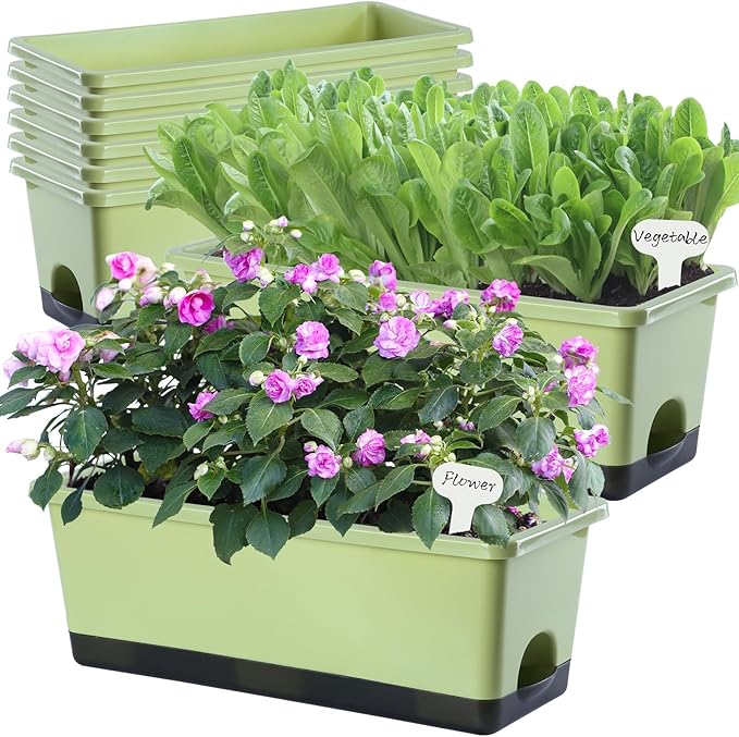 Window Box Planter 8 Pcs, 17 Inches Rectangle Flower Pots with Drainage Holes and Trays, Vegetable Planters for Windowsill Patio Garden Balcony Home Porch Yard Indoor Outdoor (Light Green)