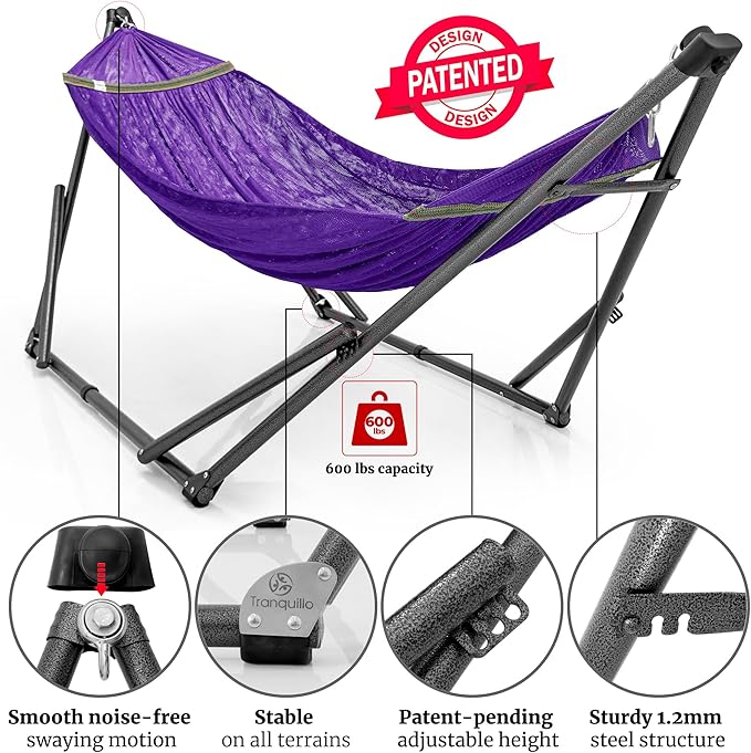 Tranquillo Combo x2 Hammocks with Stand for Outside & Tree Straps, Heavy Duty Hammock with Stand 600lbs for Indoor Outdoor Patio Backyard, x2 Hammocks for 2 Person, Portable Carrying Bags, Purple