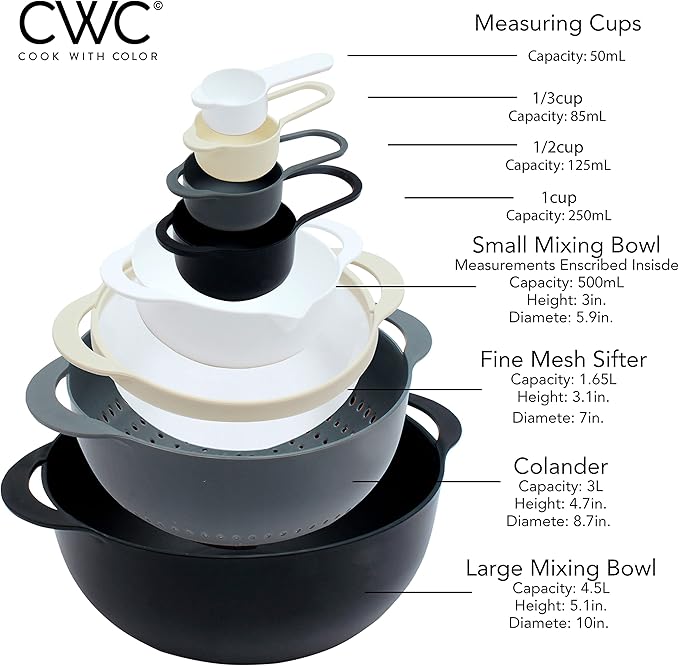 COOK WITH COLOR Nesting Bowls with Measuring Cups Colander and Sifter Set - Includes Mixing Bowls, Colander, Sifter and Measuring Cups, Black, 8 Pc Bowl