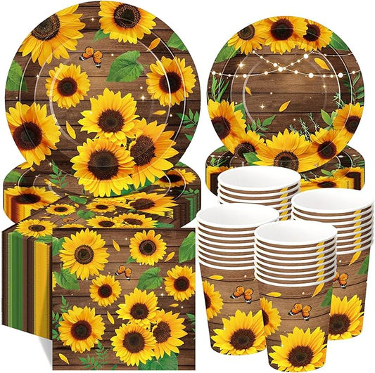 250 Pcs Sunflower Party Decorations Include Spring Summer Floral Paper Plates Napkins and Cups for Wildflower Baby Shower Tea Decorations, Serve 50 Guest(Yellow and Brown,Sunflower Style)