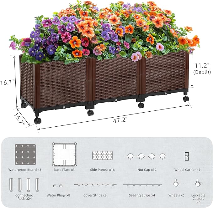 Raised Garden Beds Outdoor With Wheels, Large Garden Planter Box With Drain Outlet and Lockable Wheels, Self Watering Rectangular Planters for Outdoor Plants Flowers Vegetables, 47.2"X15.7"X16.1"