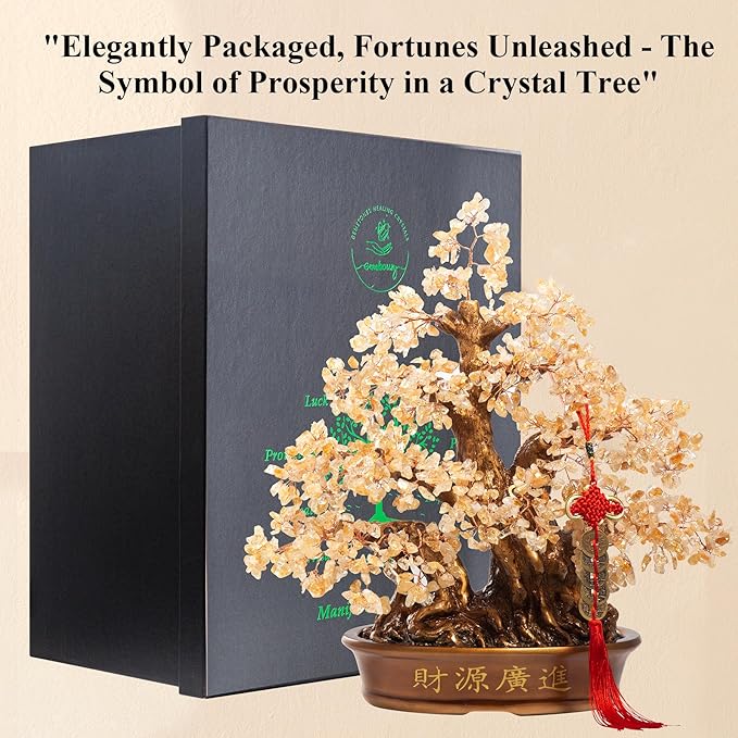 Natural Citrine Gemstone Crystal Bonsai Tree of Life （1,300 Gemstone Count） Large Feng Shui Money Chakra Tree for Luck and Wealth Desk Decoration 18 Inches