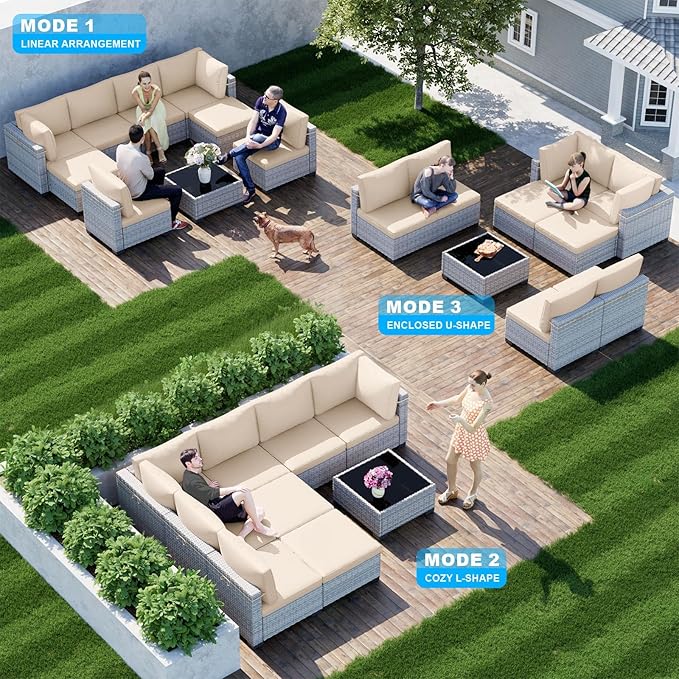 9-Piece Patio Furniture Set, Outdoor with Ottomans, Modular Patio Sofa, Dual-Strand Wicker Rattan, Rust-Resistant Frame, Backyard Furniture for Garden, Deck, Sand