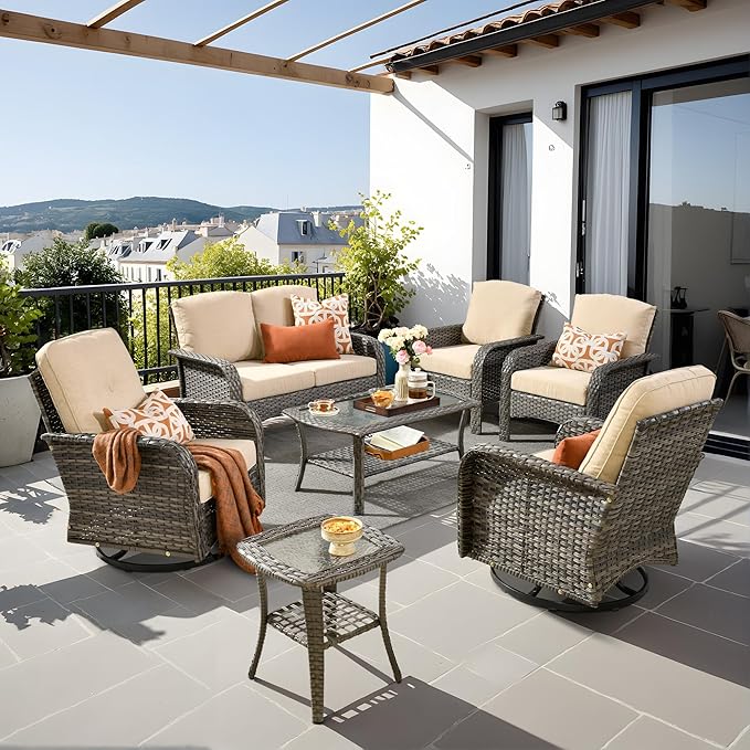 7-Piece Wicker Patio Furniture Set, All-Weather Rattan Conversation Bistro Loveseat Chair and Patio Rockers Set for Backyard, Balcony and Deck with Soft Cushions and Metal Table(Beige)