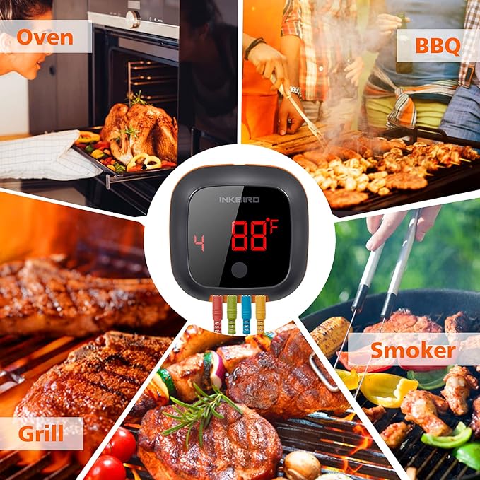 Inkbird Bluetooth Grill BBQ Meat Thermometer with 4 Probes Digital Wireless Grill Thermometer, Timer, Alarm,150 ft Barbecue Cooking Kitchen Food Meat Thermometer for Smoker, Oven, Drum