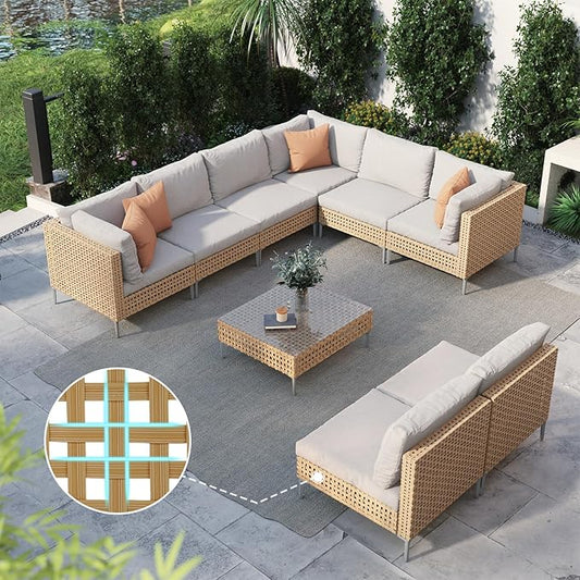 Grand patio 9-Piece Wicker Patio Furniture Set, Boho Outdoor Conversation Set Sectional Sofa with Water Resistant Beige Thick Cushions and Coffee Table, Cream