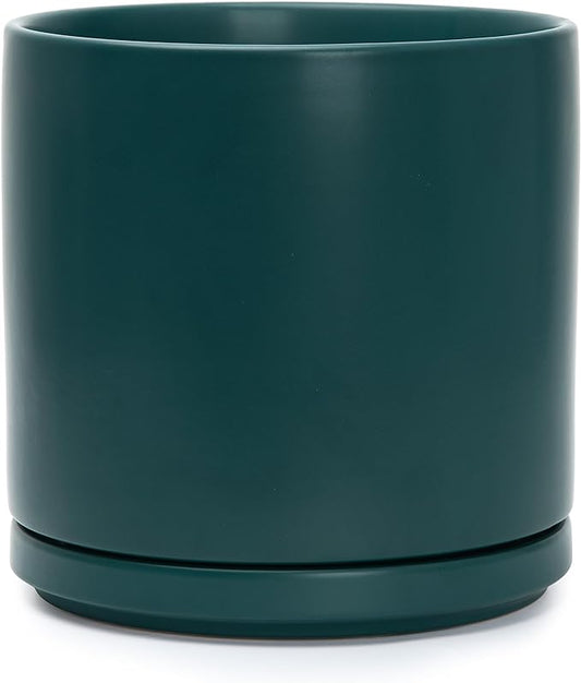 D'vine Dev 10 Inch Ceramic Planter Pot with Drainage Hole and Saucer, Indoor Cylinder Round Planter Pot, Teal, 94-O-E-9