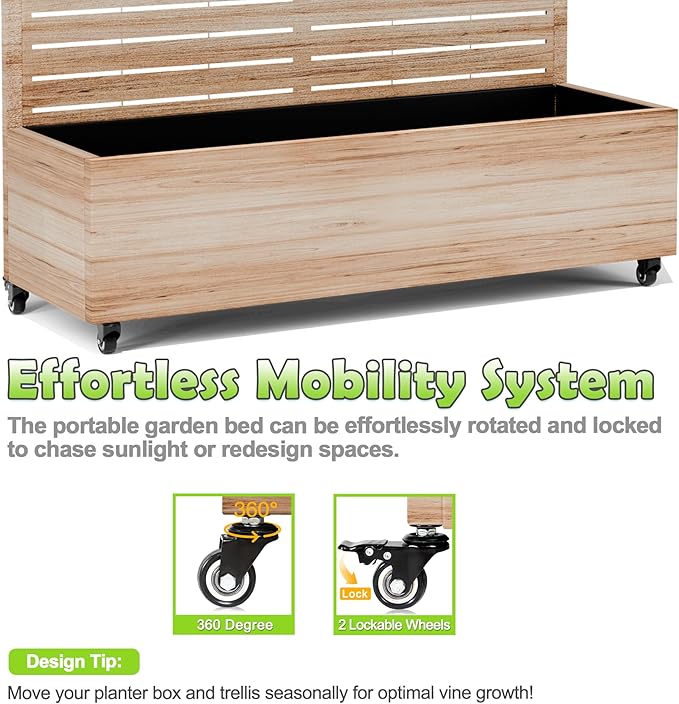 15.7"×70.9"×47.2" Metal Raised Garden Bed with Trellis and Wheels - Tall Trellis Planter Box for Climbing Plants, Vegetables & Vines - Outdoor Privacy Planters for Patio (Acacia Wood Grain)