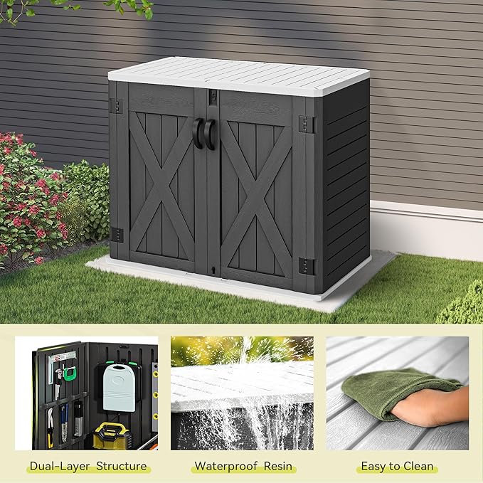 YITAHOME Outdoor Resin Storage Sheds with X-Shaped Lockable Door, 39 in Height Lockable Waterproof Horizontal Shed w/o Shelf, Easy to Assemble Shed Storage for Garden Tools, Dark Gray