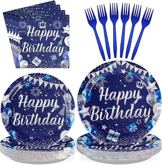 96Pcs Blue Birthday Party Supplies 350 GSM Navy Blue and Silver Plates and Napkins Disposable Tableware Sets Blue Happy Birthday Party Decorations for Men Women Birthday Party Favors Serves 24