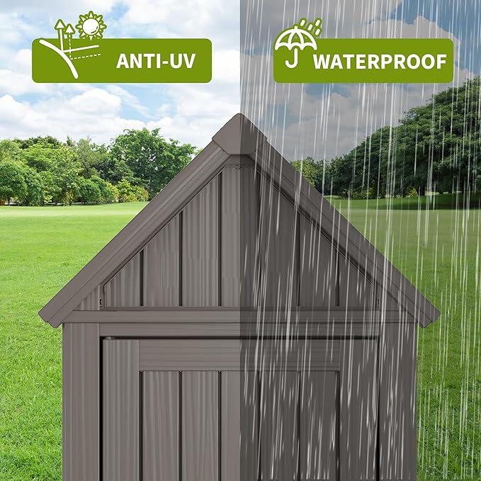 Outdoor Storage Shed – Durable Resin with Sloping Roof and Lockable Door, Waterproof Storage Cabinet with Ample Space, Multiple Hooks for Backyard, Garden, Patio & Lawn Grey