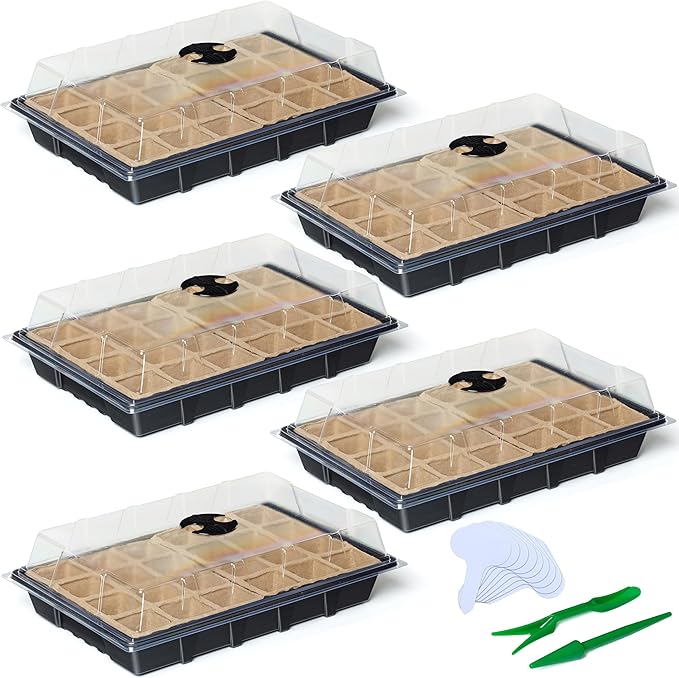 CARPATHEN Seed Starter Tray Kit - 5 x Strong Seed Starting Trays with Humidity Dome (120 Cells Total), Labels and Tools - Seedling Starter Trays Plant Germination Trays - Mini Greenhouse Cloning Kit