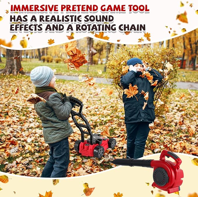 3 Pcs Toy Gardening Tool Set for Kids Toy Leaf Blower Hedge Trimmer Push Lawn Mower Pretend Play Set with Lights and Sounds Birthday for Boys Girls