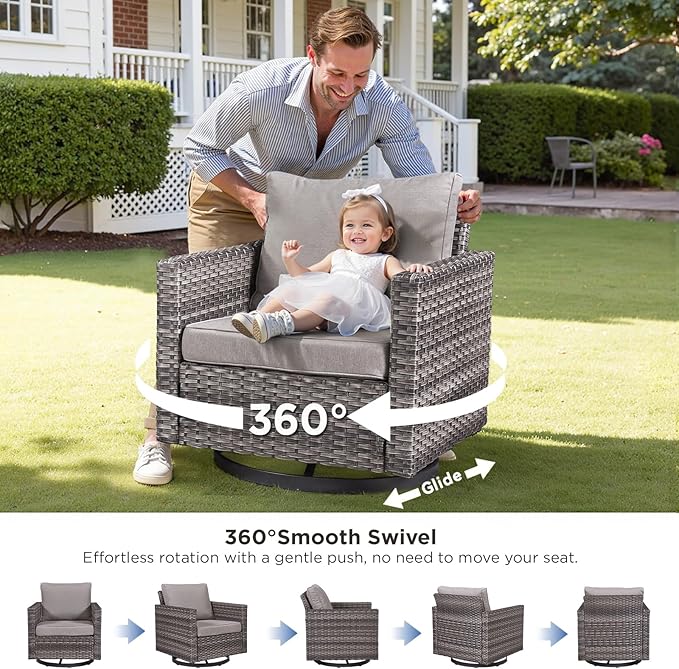 6 Pieces Patio Furniture Set-All Weather Outdoor Swivel Rocker Patio Chairs with Deep Seat Sofa Ottomans and Glass Side Table, Outdoor Conversation Sets for Garden Backyard Deck(Grey/Grey)