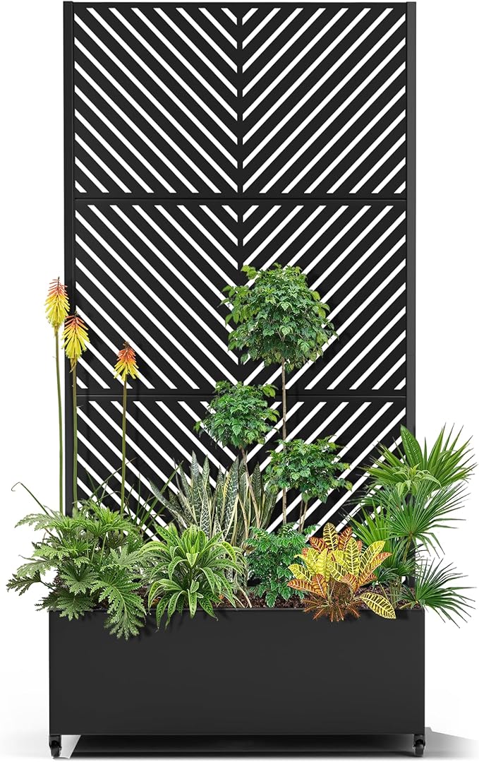 15.7"×70.9"×35.4" Metal Raised Garden Bed with Trellis and Wheels - Tall Trellis Planter Box for Climbing Plants, Vegetables & Vines - Outdoor Privacy Planters for Patio (Black-Parallel)