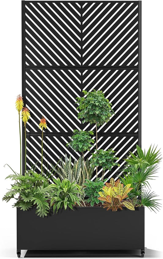 15.7"×70.9"×35.4" Metal Raised Garden Bed with Trellis and Wheels - Tall Trellis Planter Box for Climbing Plants, Vegetables & Vines - Outdoor Privacy Planters for Patio (Black-Parallel)