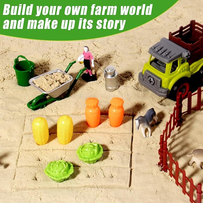 Farm Sensory Bin, Farm Sensory Kits Toy with 2.2lbs Play Sand, 31pcs Animals Trucks Creativity Magic Sand Box with Lid, Christmas Birthday Gift for Boys Kids Toddlers Ages 3 4 5 6 7 8