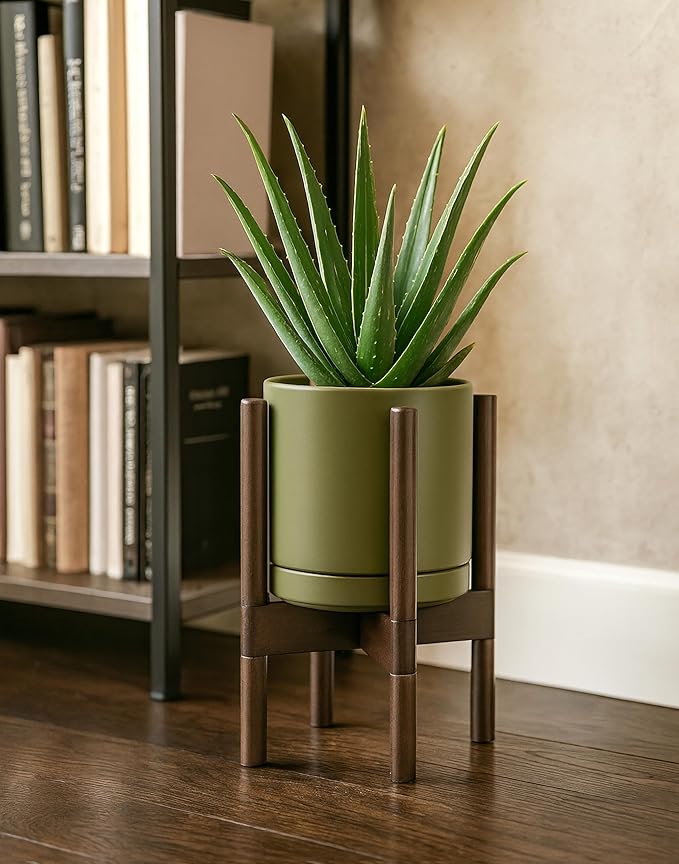 D'vine Dev Ceramic Planter with Walnut Color Stand - 8 Inch Modern Round Flower Pot with Wood Planter Holder, Olive, 55-B-Y-J