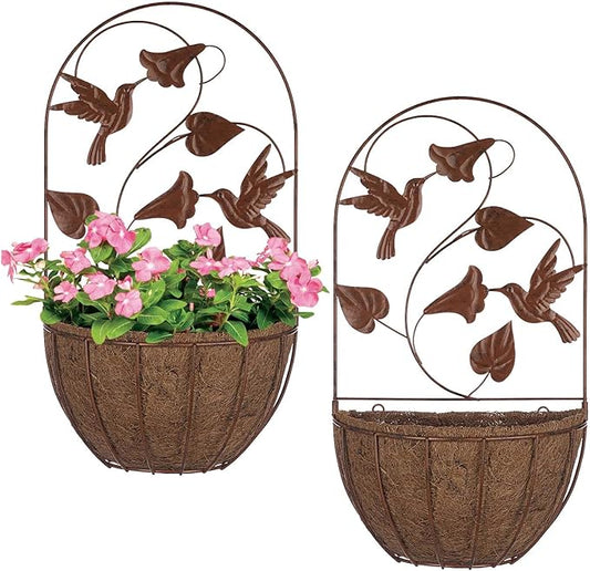 BAYN 2PKs Wall Hanging Planter Decor Art with Hummingbirds, Metal Wall Mounted Planters Indoor Outdoor Wall Planter for Succulent Herb Home Garden Yard