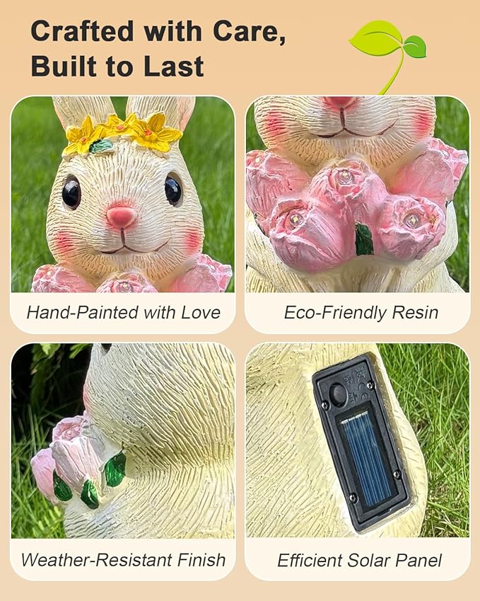 Solar Bunny Garden Light Outdoor Statue – Waterproof Rabbit Figurine with 5 Tulip LED Lights, Auto On/Off Bunny Garden Decor for Patio, Balcony, Lawn, Yard Decorations, Birthday Gifts for Women
