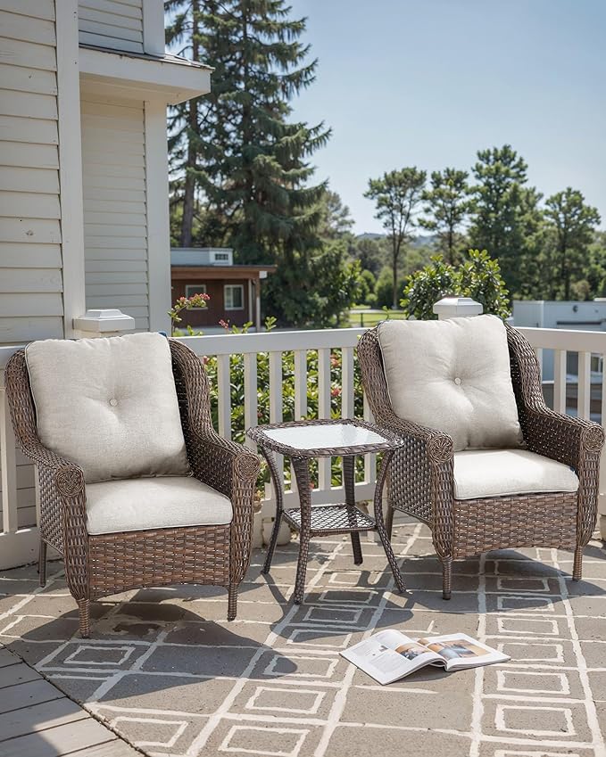 Patio Wicker Chairs Outdoor Furniture Chair - Set of 4 Outside All Weather Lawn Dining Brown Rattan Armchair with High Back&Deep Seating for Deck Porch Balcony Backyard Garden - Beige