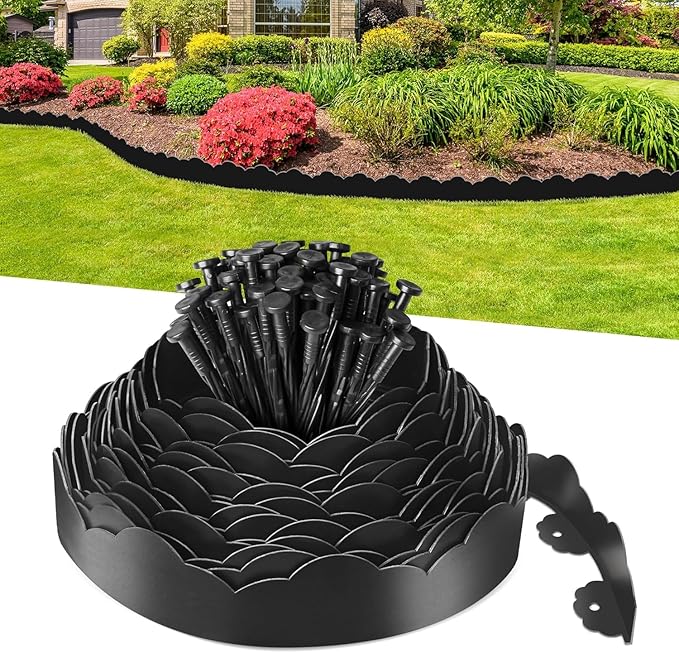 Landscape Edging Border 4 in Tall 100FT No Dig Garden Edging Borders with 150pcs Spikes Plastic Lawn Edging for Yard, Pathway and Flower Beds Fence,Black