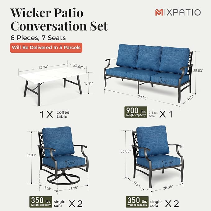 Patio Furniture Set 6 pcs, Outdoor Patio Furniture, 1 X 3-Seat Sofa, 2 X Single Chairs, 2 X Swivel Chairs, 1 X Coffee Table and 5.75" Extra Thick Cushion, Patio Conversation Set,Gemstone Blue