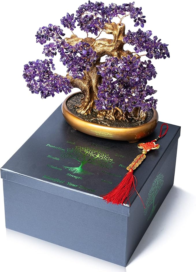 Natural Amethyst Gemstone Crystal Bonsai Tree of Life Large Feng Shui Money Chakra Tree for Luck and Wealth Desk Decoration(1,251 Gem Count)