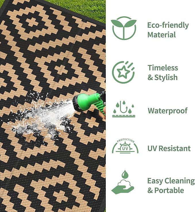 GENIMO Outdoor Rug 2.5'x8' Waterproof, Reversible Camping Mat, Plastic Straw Rugs for Patio, RV, Camper, Balcony, Backyard, Picnic, Deck (Black & Brown)