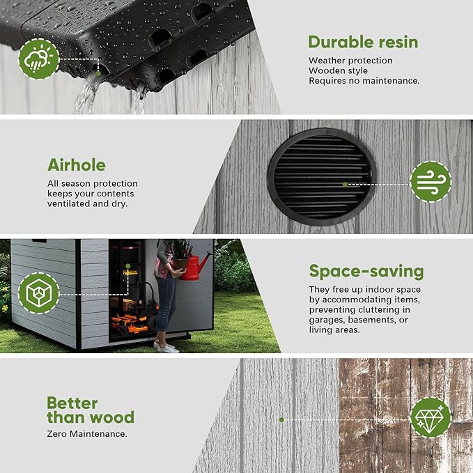 4 x 6 FT Shed Resin Outdoor Storage with Floor, 230 cuft Plastic Shed with Window and Lockable Door for Garden, Backyard, with Wood Texture, Grey