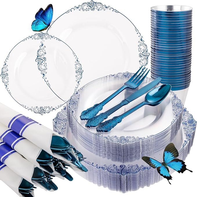 Hioasis 175pcs Clear Blue Plastic Plates - Elegant Disposable Dinnerware Set Suitable for 25 Guests Include 10.25" Dinner & 7.5" Dessert Plates, Pre Rolled Silverware Set, Cups for Party & Wedding