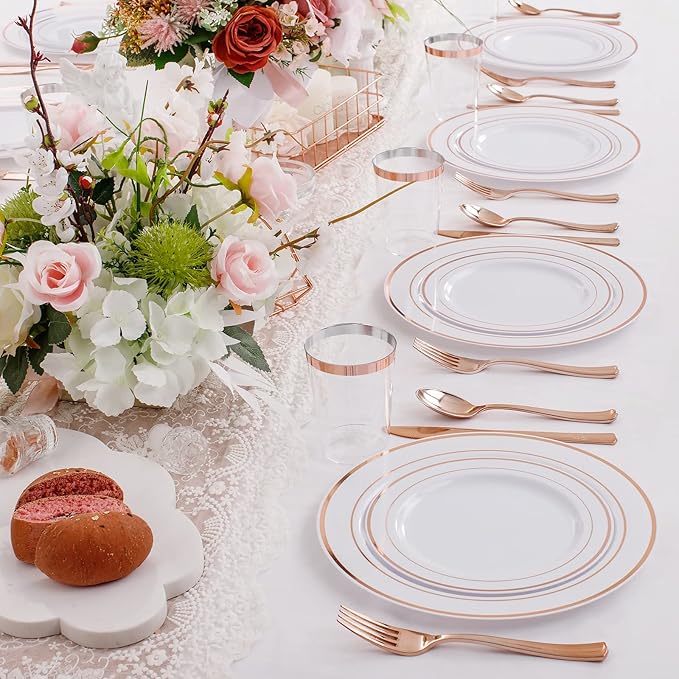 WELLIFE 150 Pcs Rose Gold Plastic Plates with Disposable Rose Gold Cutlery, Includes: 25 Dinner Plate 10.25", 25 Dessert Plates 7.5", 25 Cups 9OZ and 25 Silverware for Wedding