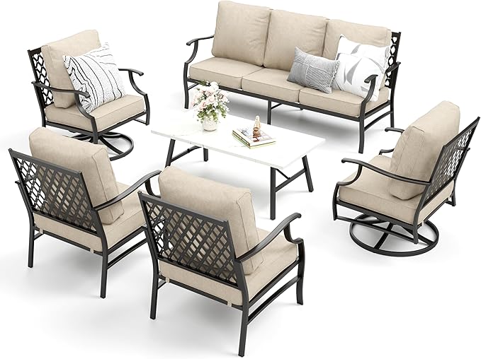 Patio Furniture Set 6 pcs, Outdoor Patio Furniture, 1 X 3-Seat Sofa, 2 X Single Chairs, 2 X Swivel Chairs, 1 X Coffee Table and 5.75" Extra Thick Cushion, Patio Conversation Set,Beige
