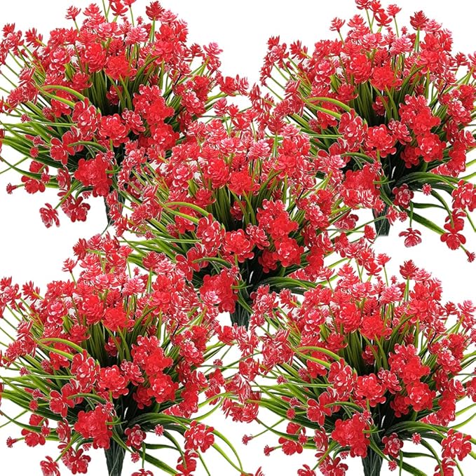 Artificial Flowers Outdoor UV Resistant Fake Plants Indoor Outside Hanging Planter Home Garden Decor, 10 Bundles (Red)