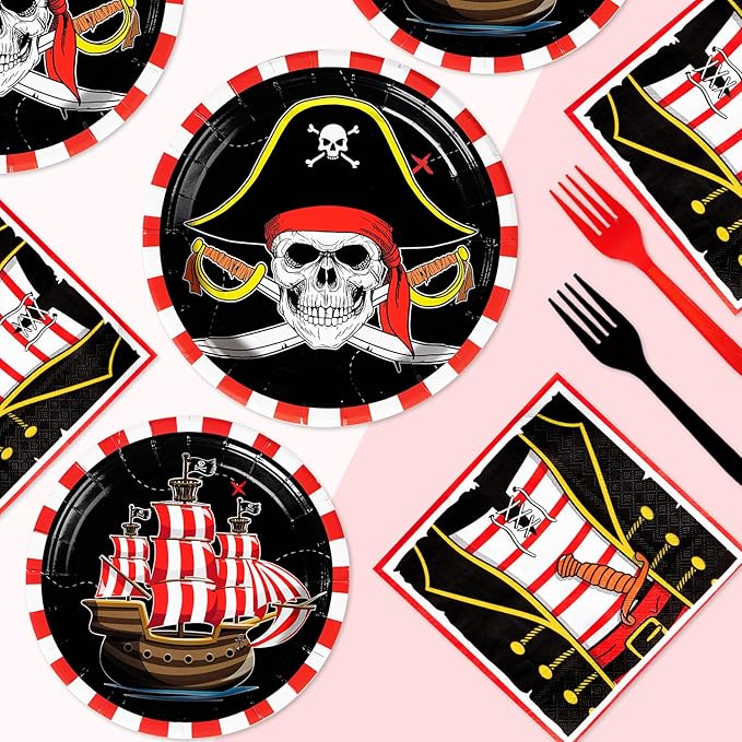 96Pcs Pirate Birthday Party Decorations Pirates Treasure Plates and Napkins Tableware Set Red Gingham Pirate Decorations for Kids Adult Baby Shower Halloween Skull Birthday Party Supplies Serves 24 ﻿