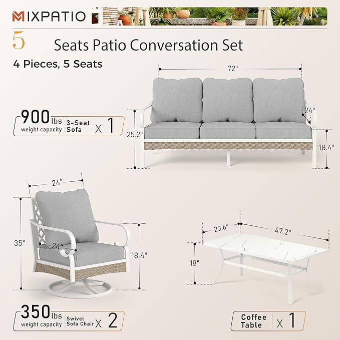 4 Piece Patio Furniture Set, 2 x Swivel Chair, 1 x 3-Seat Sofa with Marbling Coffee Table, 5 Seats Outdoor Conversation Set for Lawn Garden Backyard, Light Gray